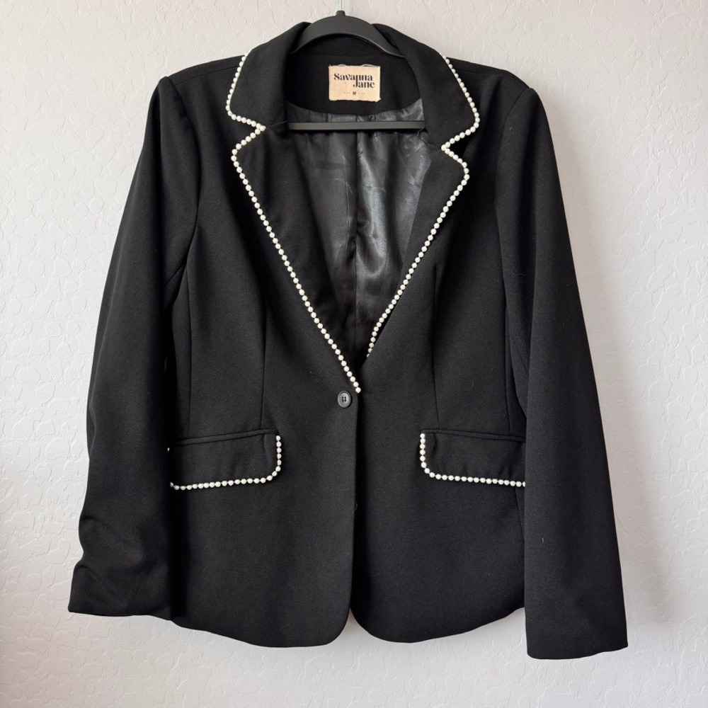 Savanna Jane Medium Blazer Black Long Sleeve Pearl Trim Notched Lapel T11248